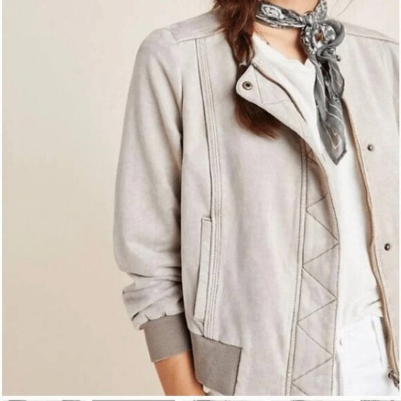 Anthropologie Marrakech Bibiana Bomber Jacket Beige Microsuede Zip Front Size M - Picture 8 of 8